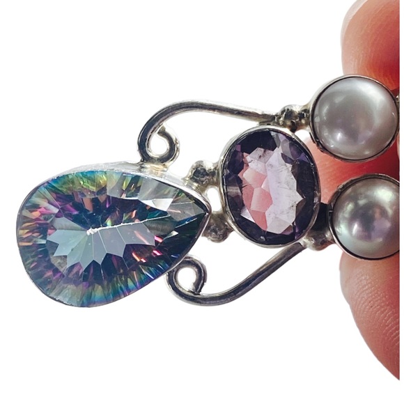 Teardrop Ammolite/Gem Ammonite, Pearl and Amethyst Pendant 925 Sterling - Picture 3 of 5